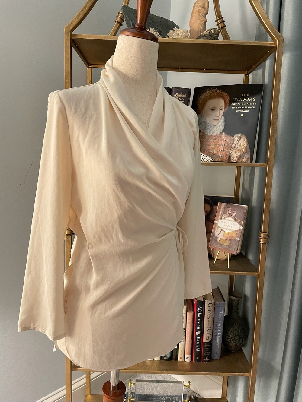 Aritzia Wilfred Cream Wrap Blouse XS XXS 3/4 Sleeves Tie Waist - Picture 6 of 15